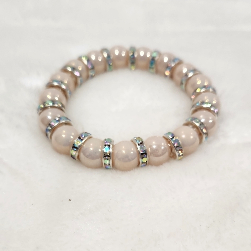 Handmade Light Pink Faux Pearl Silver Iridescent Rhinestones Elastic Bracelet
